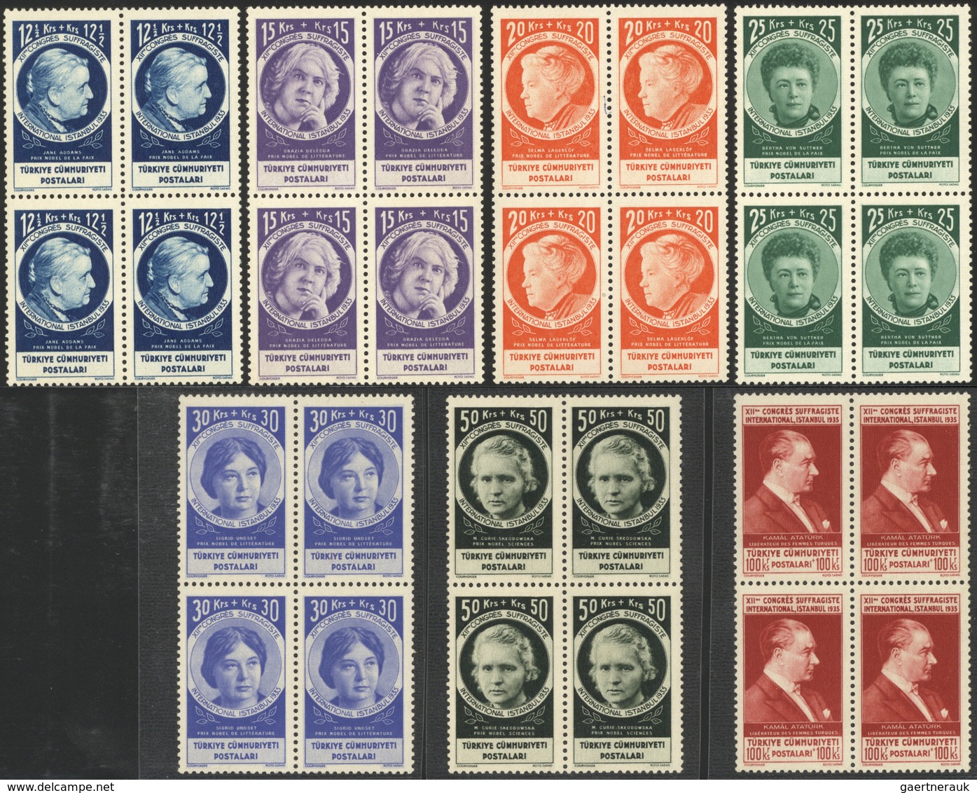 16343 Türkei: 1935, Woman's Rights Congress Complete Set Of 15 Values In Blocks Of Four, Mint Never Hinged - Lettres & Documents