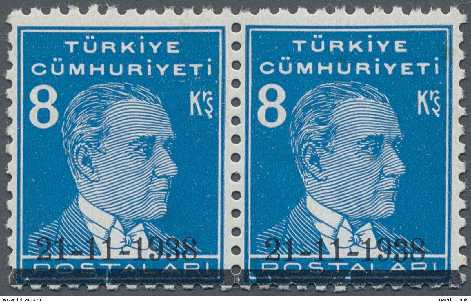 16346 Türkei: 1938, Pair 8 Krs. Light Blue Atatürk Mourning Issue, Mint Never Hinged, Very Fine And Rare S - Lettres & Documents