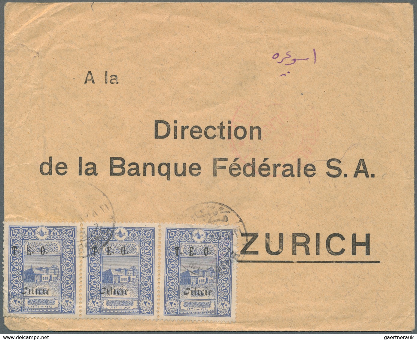 16367 Türkei - Cilicien: 1919, French Occupation, Businessletter Franked With Three Pieces 80 Para On Fron - 1920-21 Kleinasien