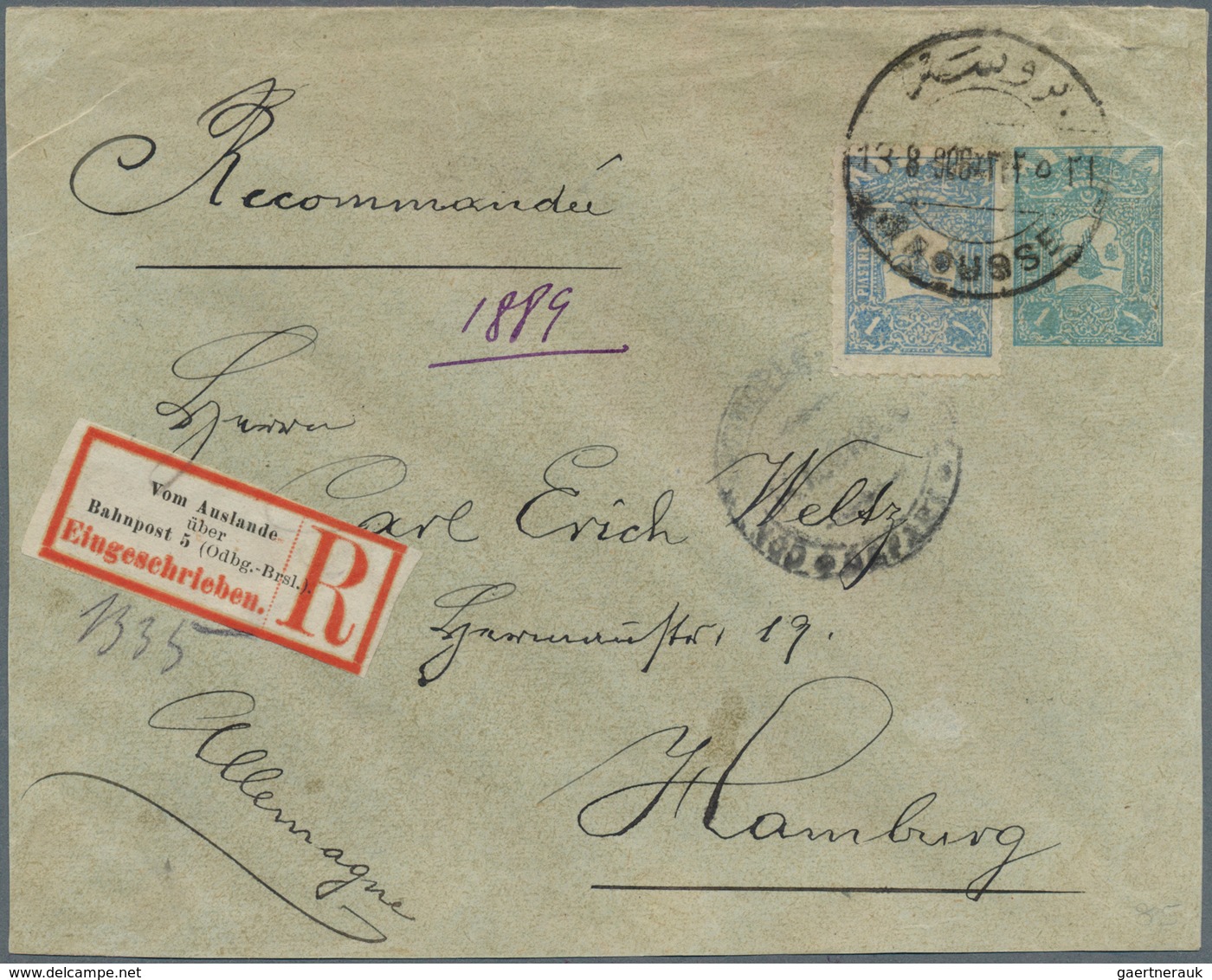 16374 Türkei - Stempel: 1906, "BROUSSE" Cds. On Registered Uprated Used Postal Stationery Envelope With La - Autres & Non Classés