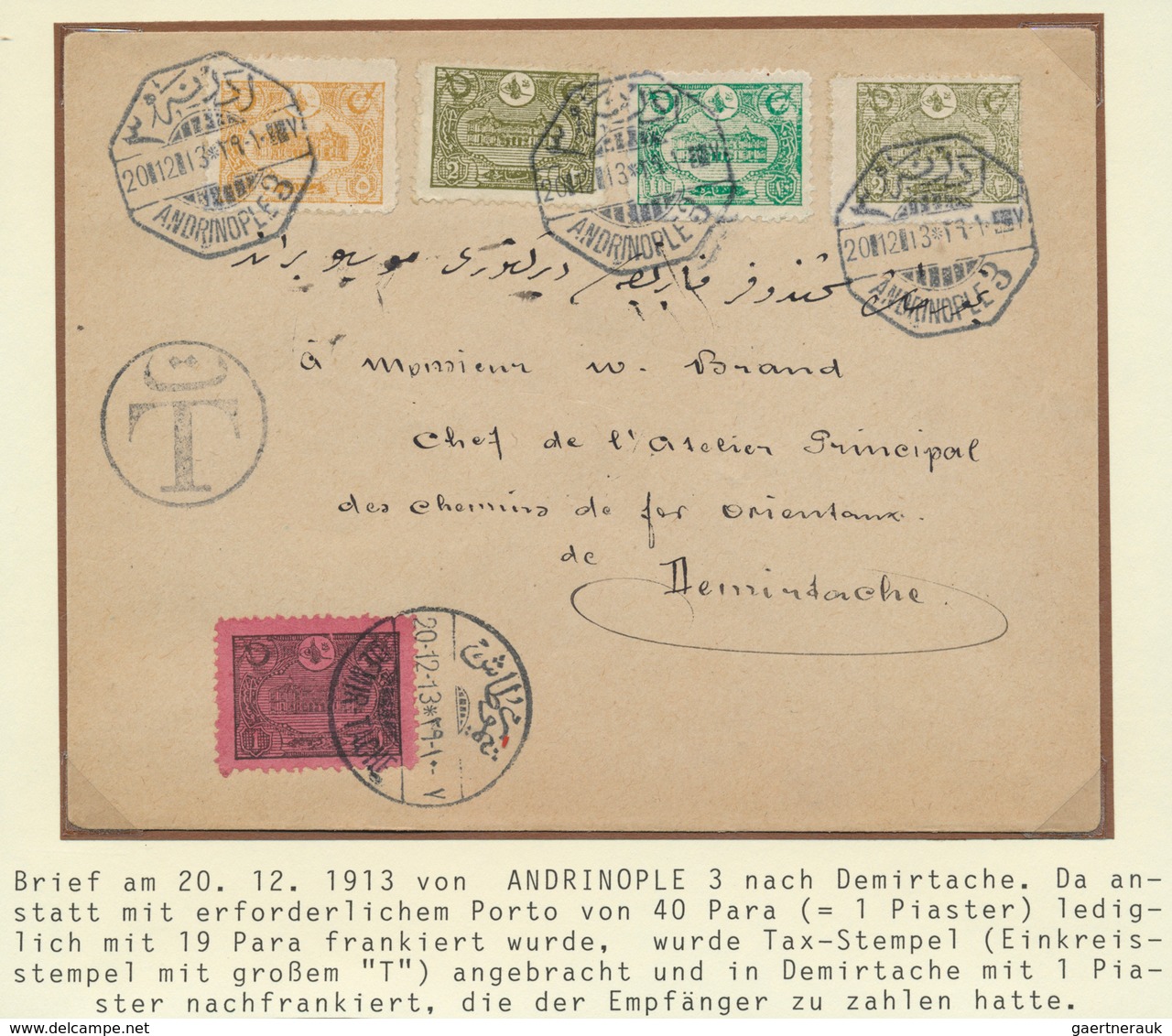 16375 Türkei - Stempel: 1913, "ANDRINOPLE 3 - 20/12/13" Octogonal Ds. On Cover Bearing 19 Para Underfranke - Autres & Non Classés