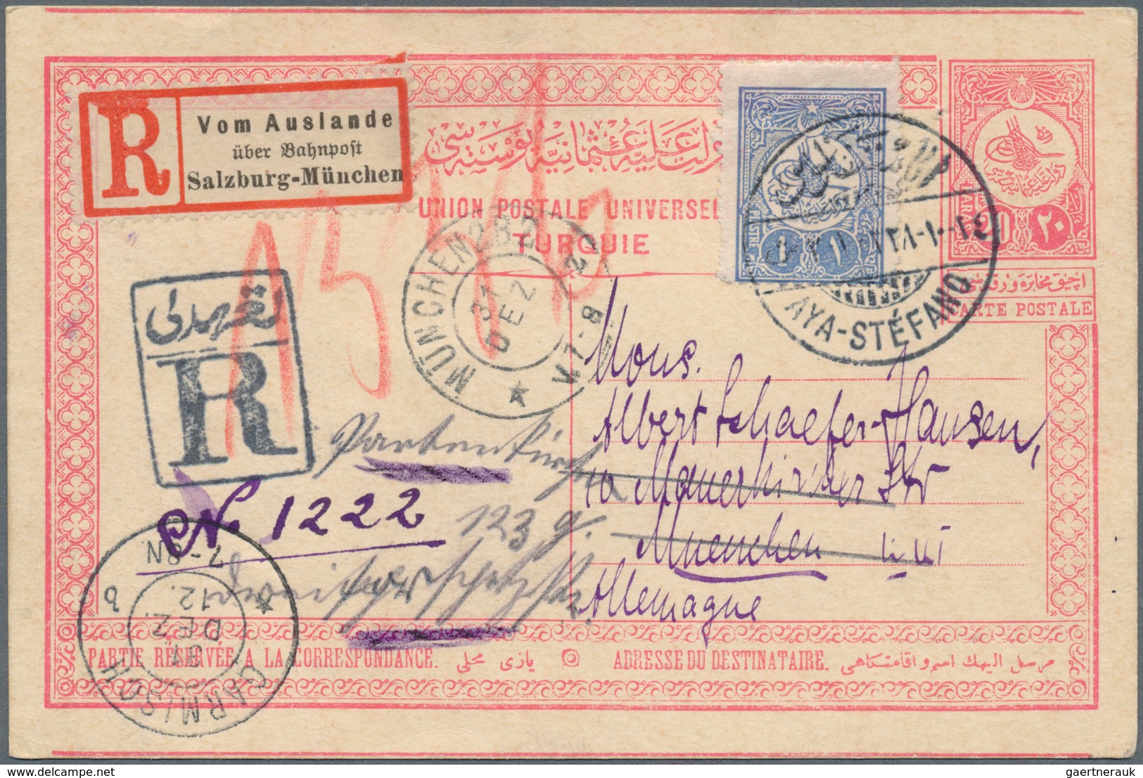 16392 Türkei - Stempel: 1912, "AYA-STEFANO 24/10/1912" Cds. On 20 Para Postal Stationery Card Used Uprated - Autres & Non Classés