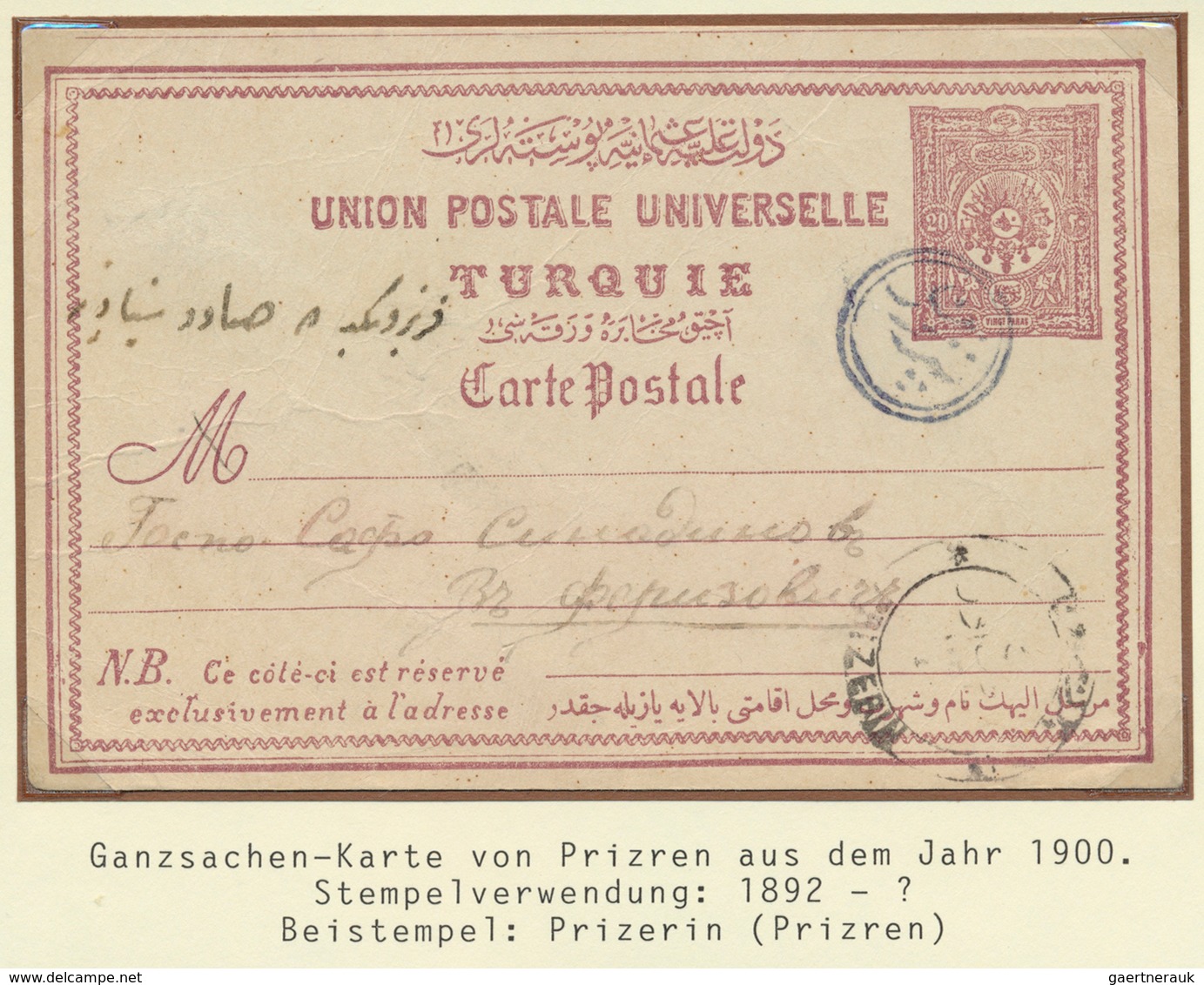 16395 Türkei - Stempel: 1900, "PRIZREN" Blue All Arabic Cancellation (Coles.-Walker No.114) On Postal Stat - Autres & Non Classés
