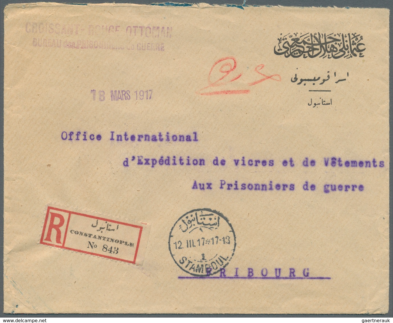 16400 Türkei - Besonderheiten: 1917, Registered Letter From "CROISSANT ROUGE OTTOMAN" On Preprinted POW - - Autres & Non Classés