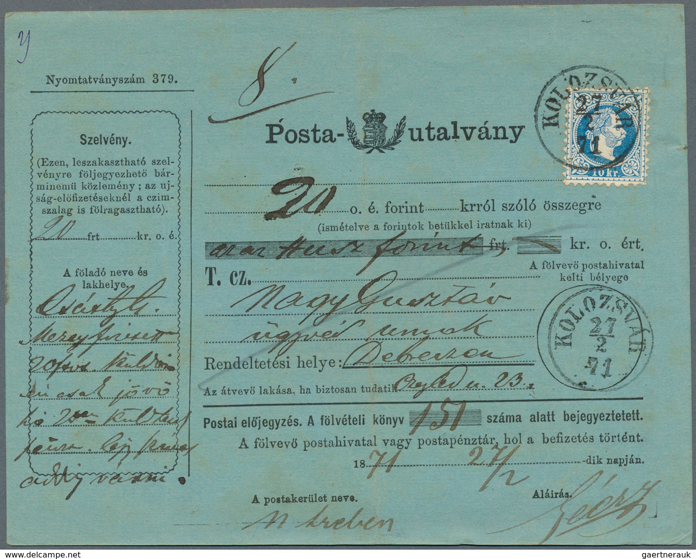 16404 Ungarn: 1871, 10 Kr. Franz Josef Coarse Beard As Single Franking On Hungarian Postal Order With Atta - Briefe U. Dokumente
