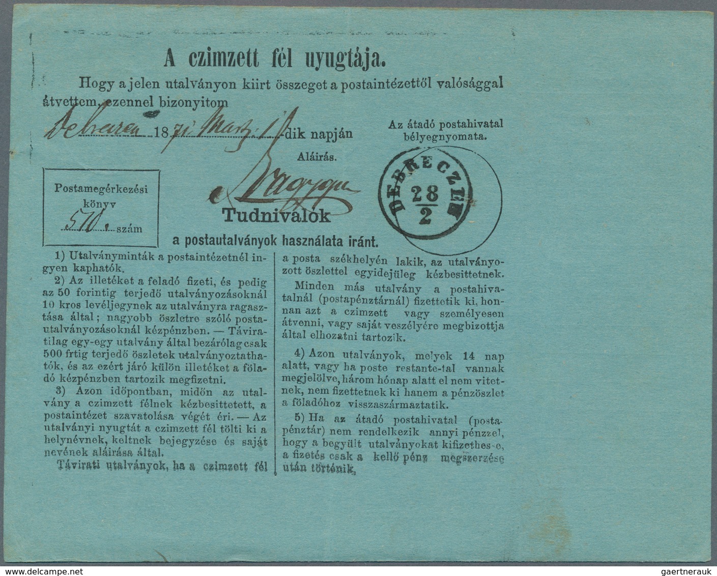 16404 Ungarn: 1871, 10 Kr. Franz Josef Coarse Beard As Single Franking On Hungarian Postal Order With Atta - Briefe U. Dokumente