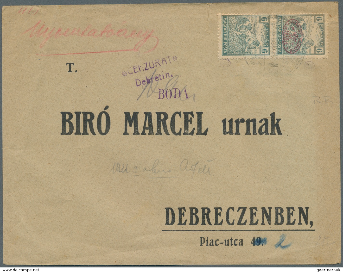 16411 Ungarn: 1919, 2x 6 Filler Greenish Blue, Pair With And Without Overprint Of The Occupation Zone Debr - Briefe U. Dokumente