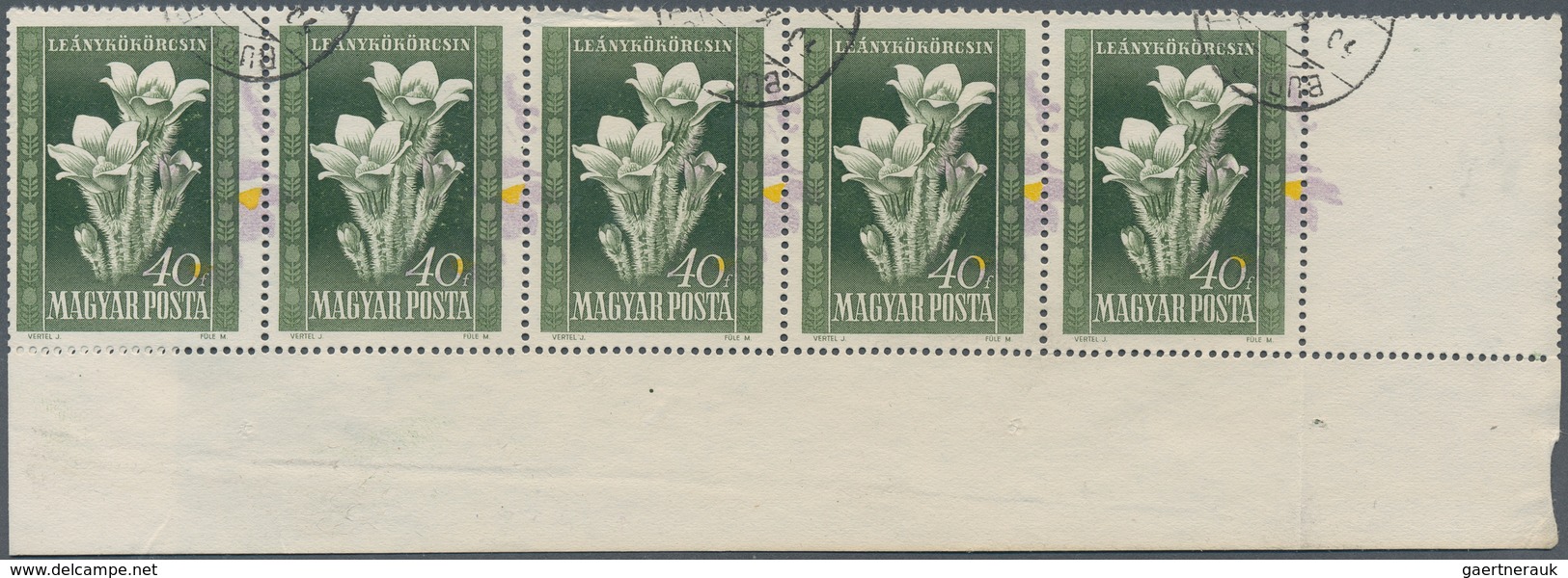 16414 Ungarn: 1950, Hungarian Flora 40 F., Horizontal Strip Of 5 With Variety "colour Violet And Yellow In - Briefe U. Dokumente