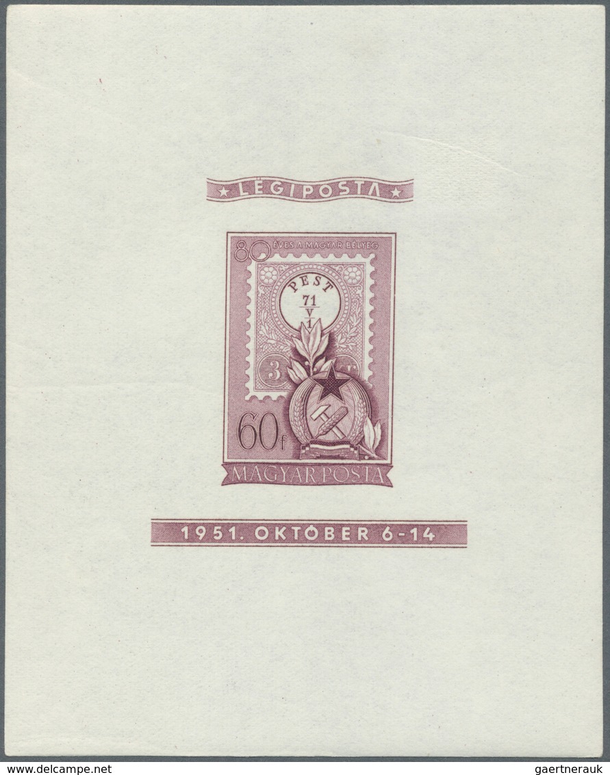 16416 Ungarn: 1951, 80th Anniversary Of Hungarian Stamps, Souvenir Sheets In Lilac, Perf. And Imperf., Spe - Lettres & Documents