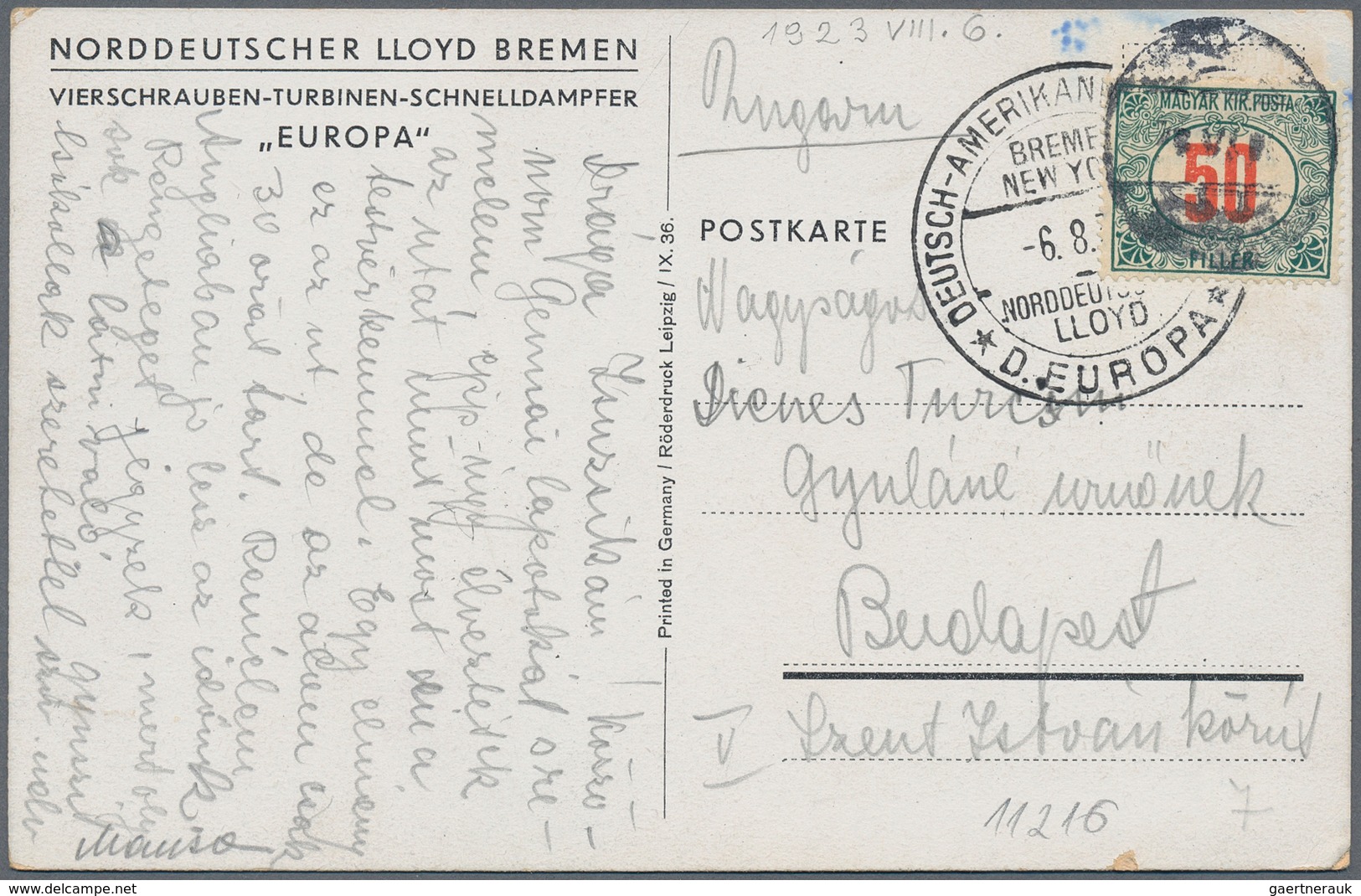 16418 Ungarn - Portomarken: 1932, 50 F. Tied Unclear On Inbound Ppc To Budapest, NGL Steamer "Europa" Card - Portomarken