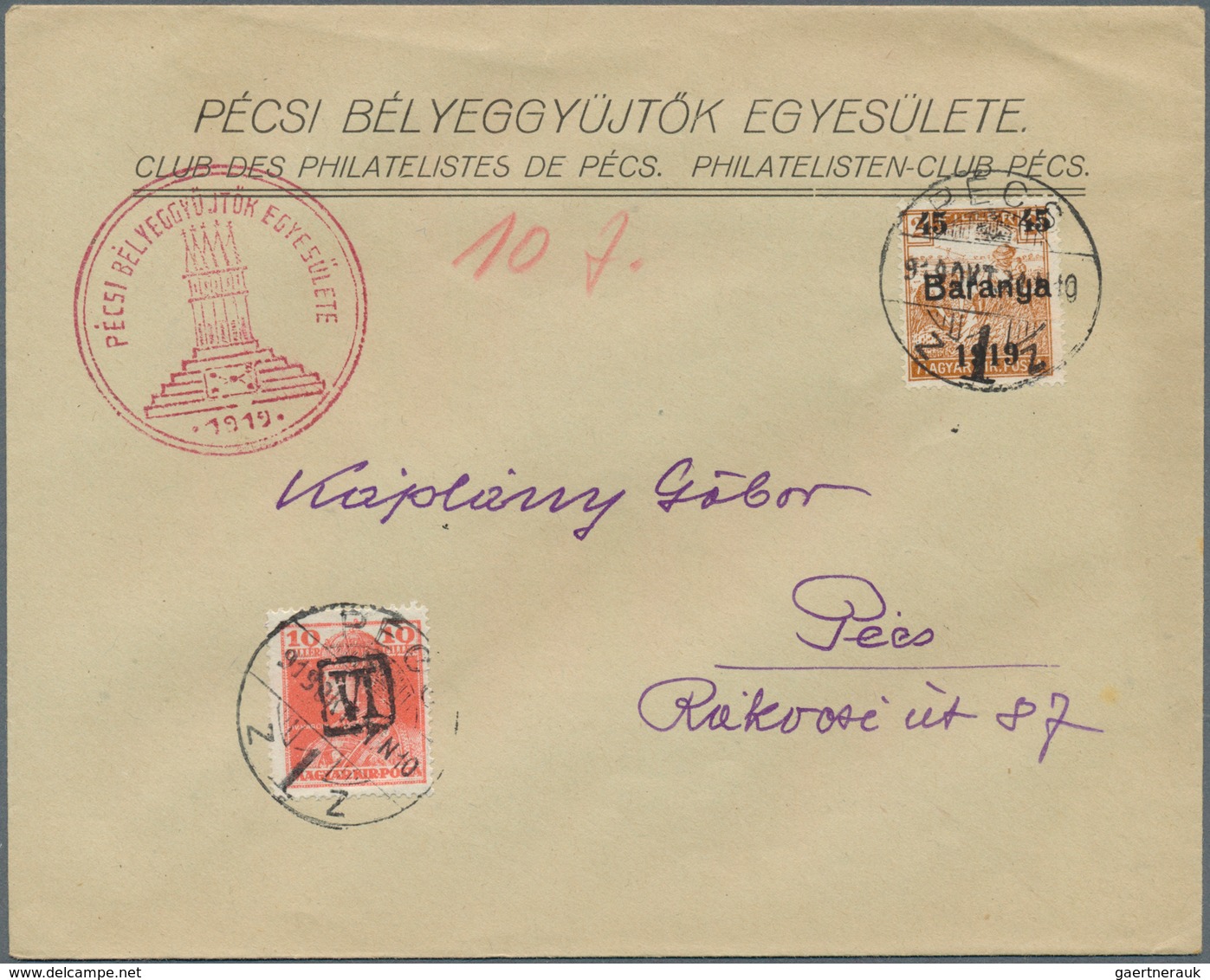 16421 Ungarn - Besetzte Gebiete: Baranya: 1919, PROVISIONAL POSTAGE DUES: group of 5 local philatelic cove