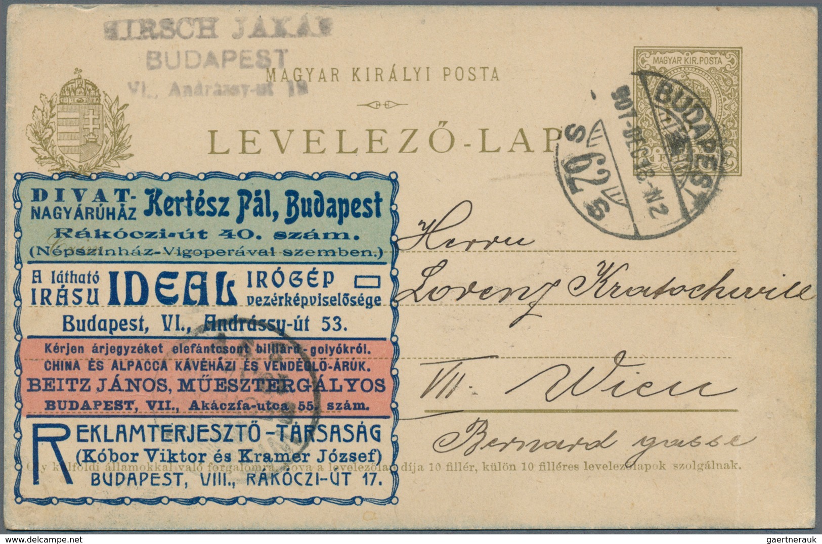 16427 Ungarn - Ganzsachen: 1907, 5 F Olive Postal Stationery Card With Multicolored Advertising On Both Si - Entiers Postaux