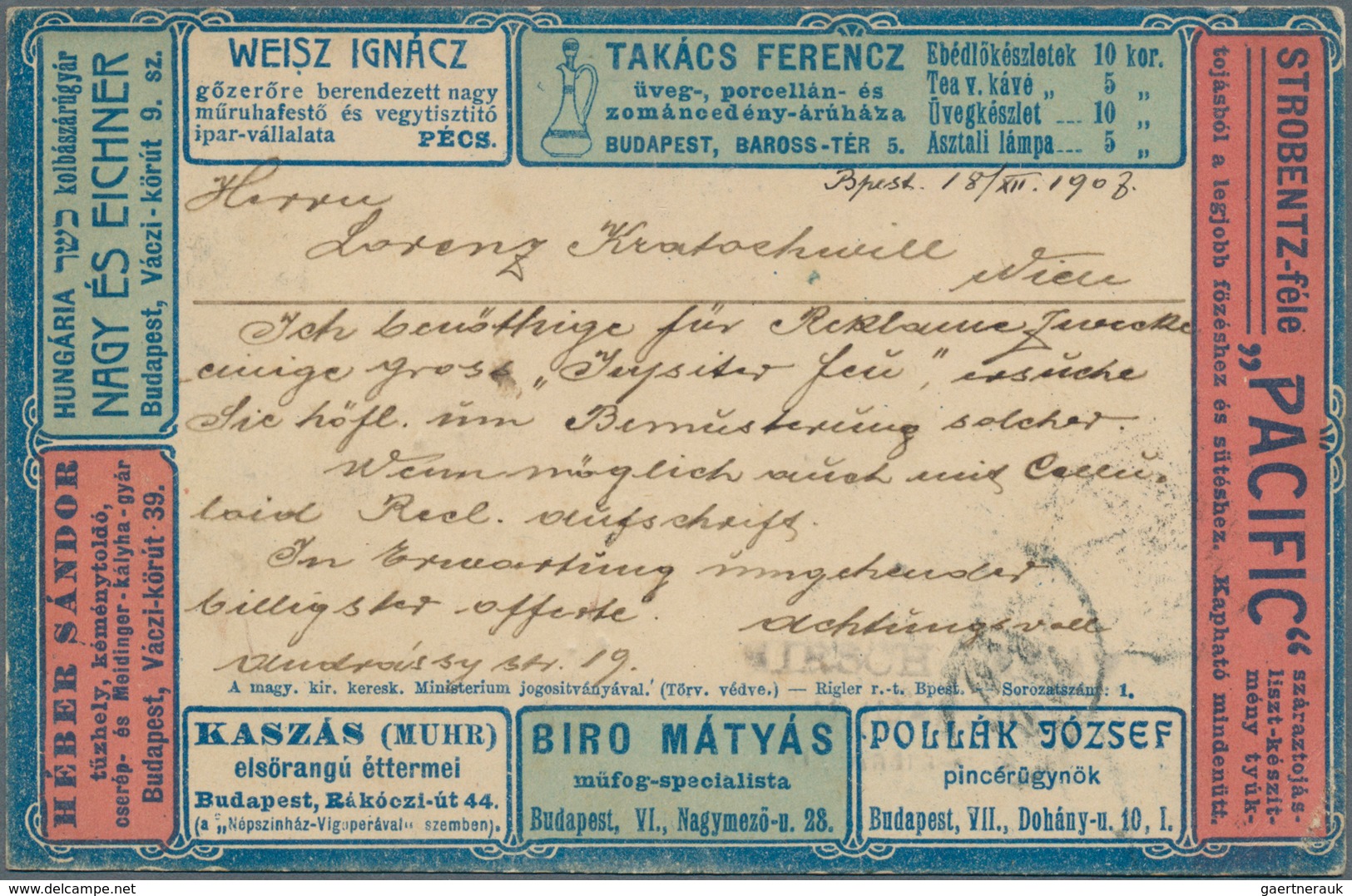 16427 Ungarn - Ganzsachen: 1907, 5 F Olive Postal Stationery Card With Multicolored Advertising On Both Si - Ganzsachen