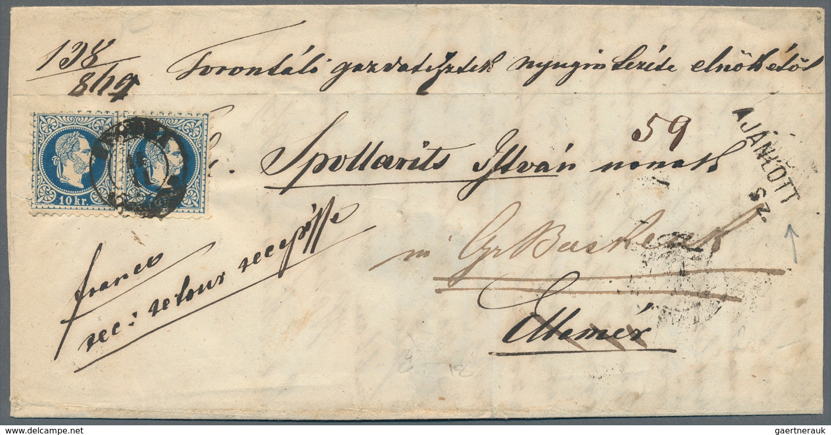 16428 Ungarn - Stempel: 1869 (14.11.), Faltbrief Mit Vs. Waagr. Paar Österreich 10 Kr. Blau 'grober Druck' - Marcophilie