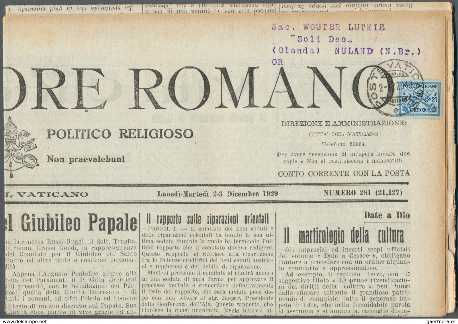 16432 Vatikan: 1929, Newpaper "L 'OSSERVATORE ROMANO" Franked With 25 Cent. To Netherlands. - Briefe U. Dokumente