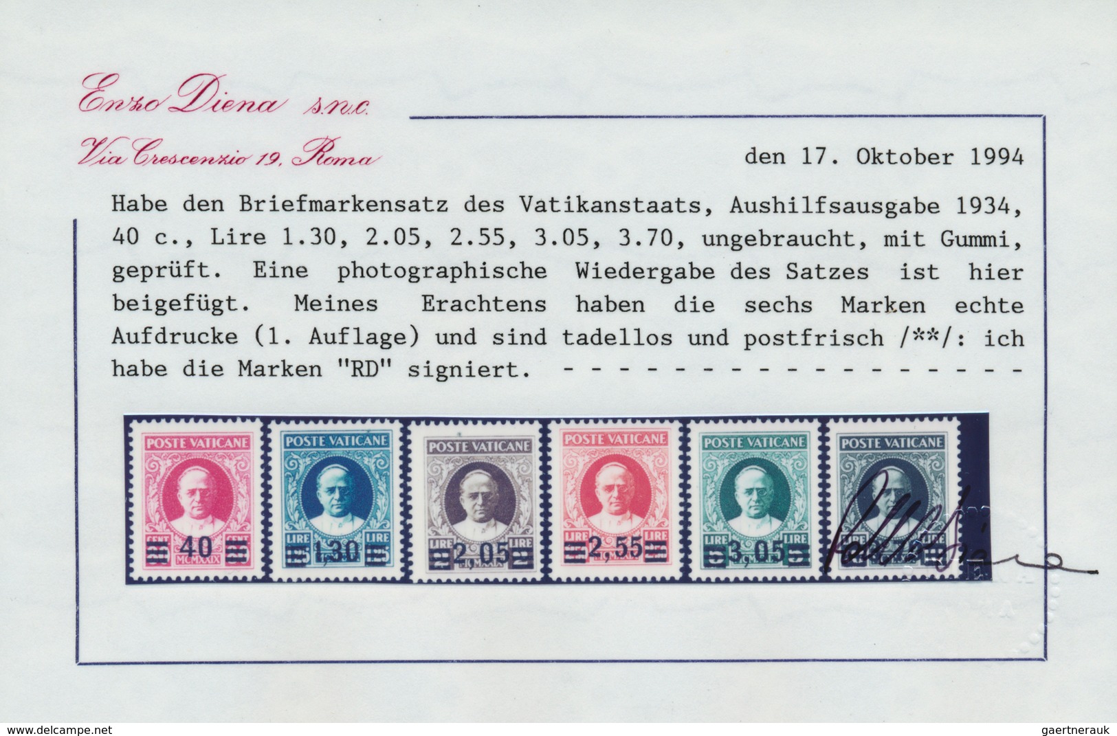 16436B Vatikan: 1934, Provisional Overprints, Complete Set Of Six Values, Unmounted Mint, Signed And Certif - Lettres & Documents