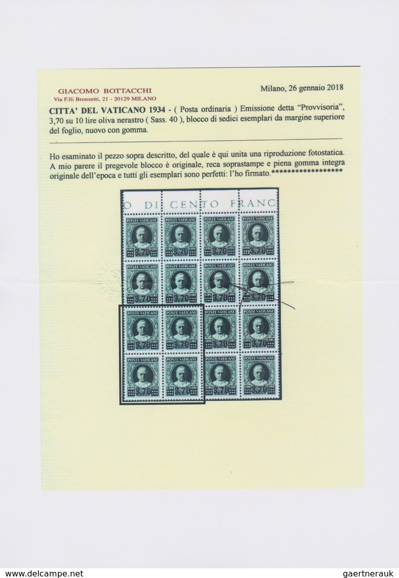 16437 Vatikan: 1934, "Provisorials", complete set in MNH blocks of four, the 3.05 lire value signed Bottac