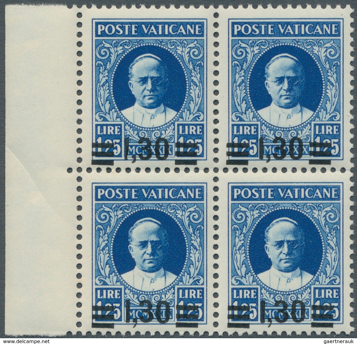 16438 Vatikan: 1934, "Provisorials", 1.30 On 1.25 L Blue, Block Of Four From The Left Margin Of The Sheet, - Lettres & Documents