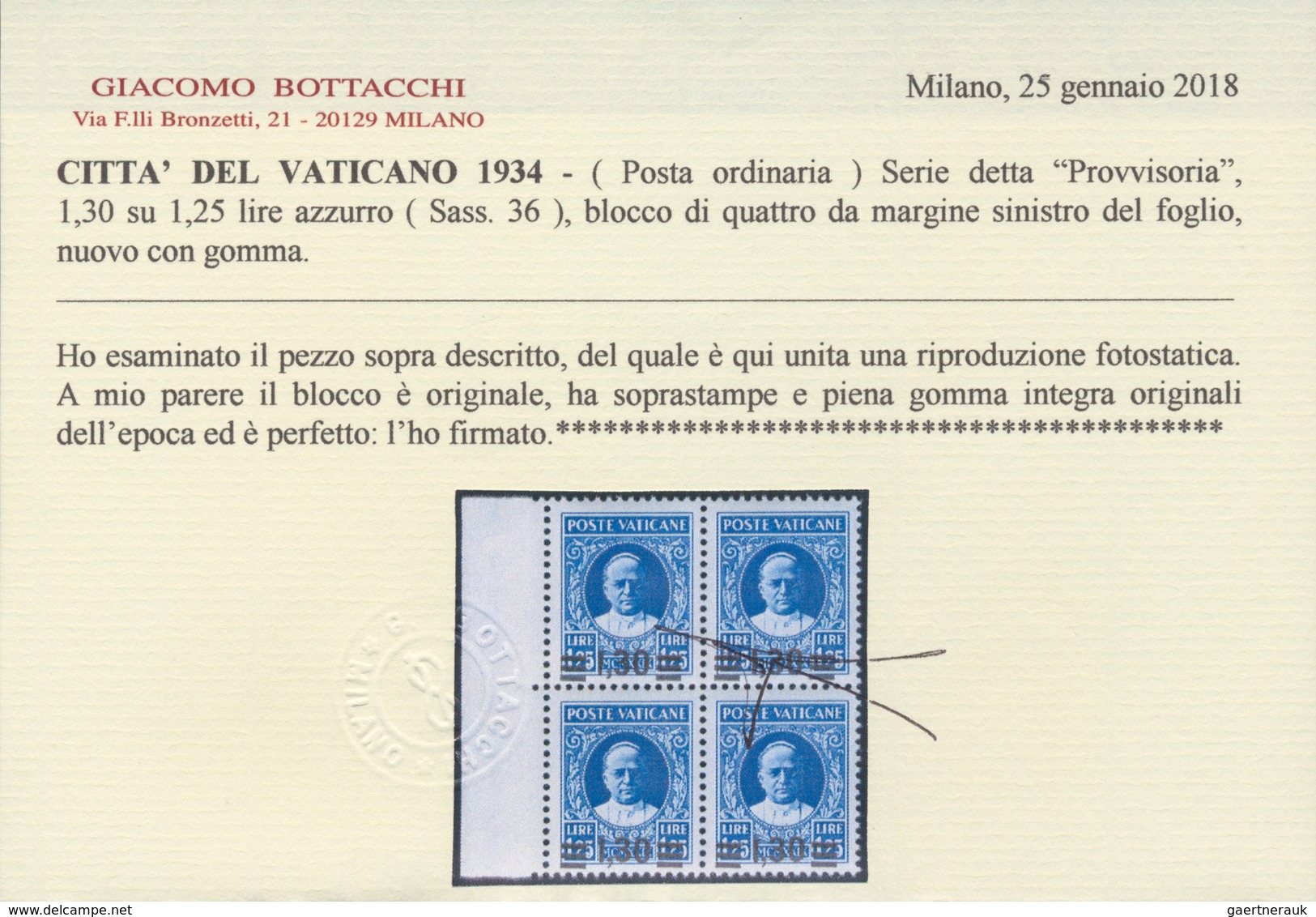 16438 Vatikan: 1934, "Provisorials", 1.30 On 1.25 L Blue, Block Of Four From The Left Margin Of The Sheet, - Lettres & Documents