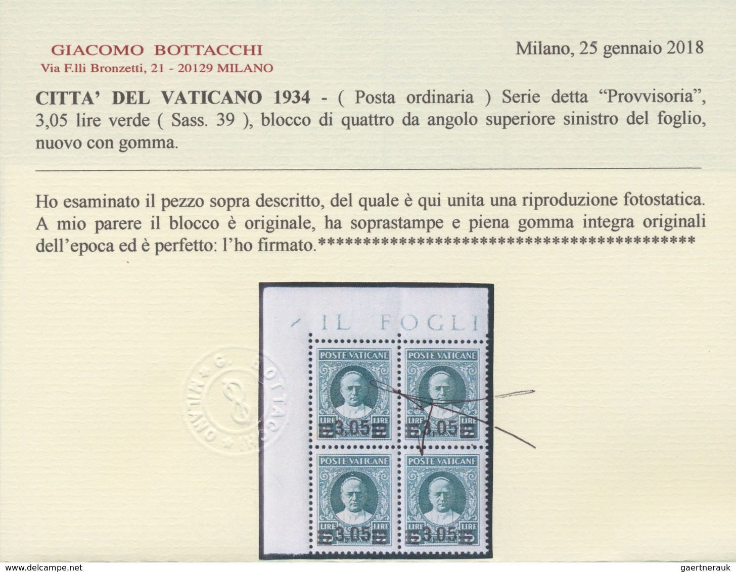 16440 Vatikan: 1934, "Provisorials", 3.05 On 5 L Green, Block Of Four From The Left Upper Corner Of The Sh - Lettres & Documents