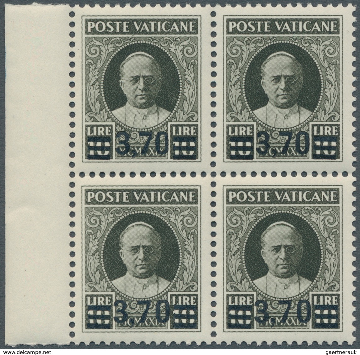 16441 Vatikan: 1934, "Provisorials", 3.30 On 10 L Olive Black, Block Of Four From The Left Margin Of The S - Lettres & Documents