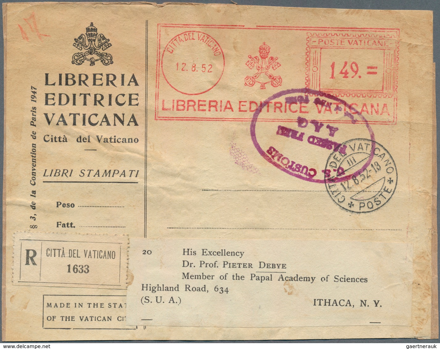 16452A Vatikan: 1952, 149 Lire Meter Stamp LIBRERIA EDICTRICE VATICANA / CITTA DEL VATICANO, 12.8.52, On Ad - Briefe U. Dokumente