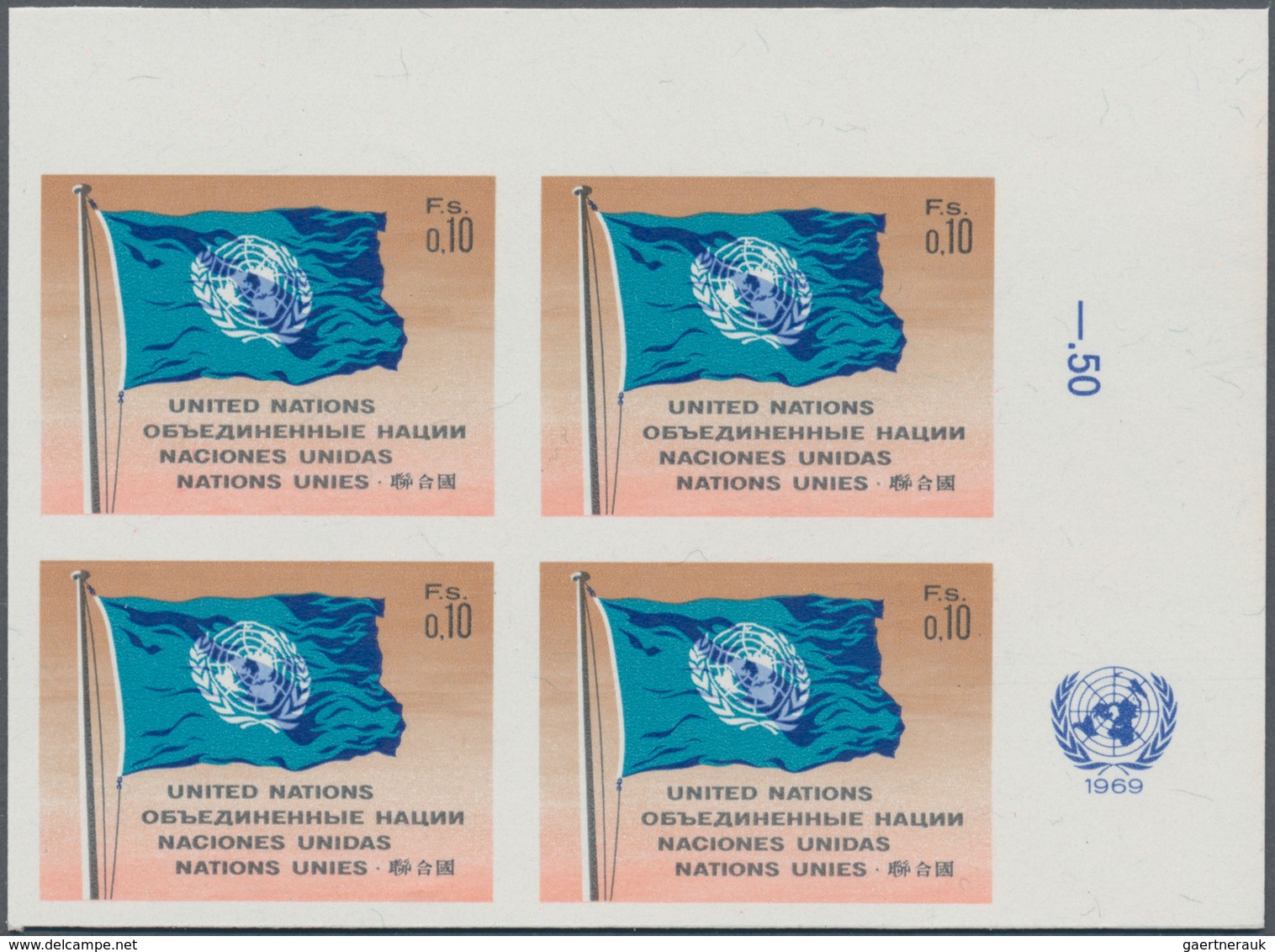 16459 Vereinte Nationen - Genf: 1969. Definitive Stamp 10c In An IMPERFORATE Corner Block Of 4 Showing "UN - Ungebraucht