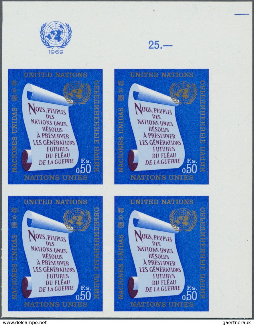 16461 Vereinte Nationen - Genf: 1969. IMPERFORATE Corner Block Of 4 For The 50c Value Of The Definitives I - Ungebraucht