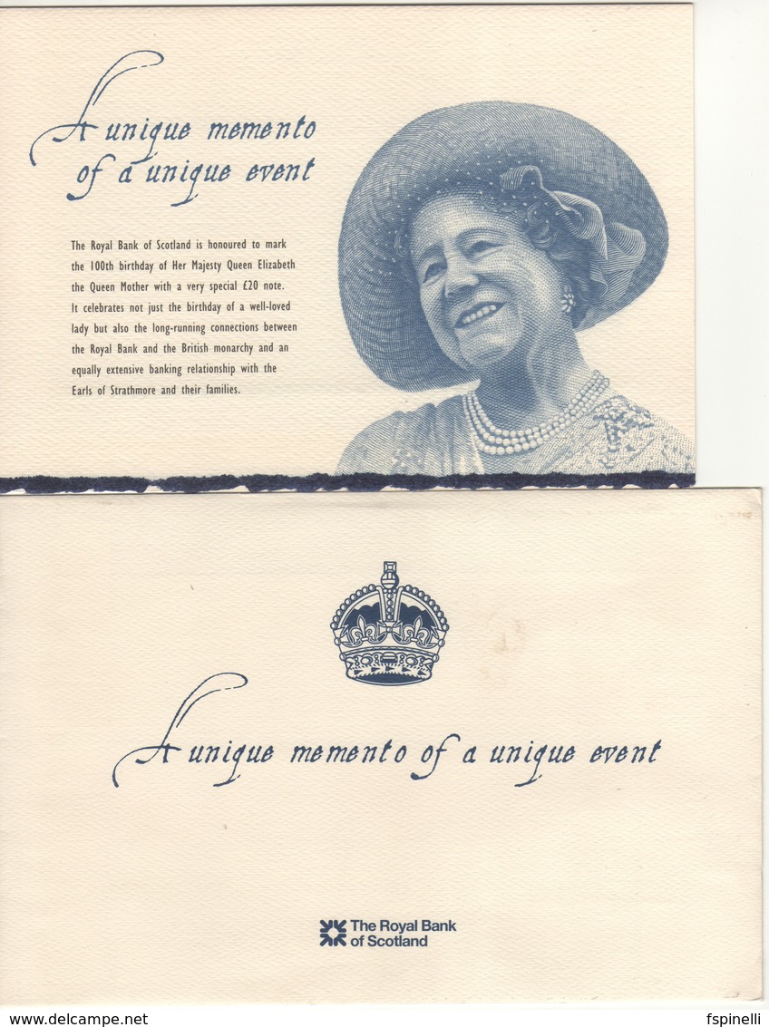 SCOTLAND   £20  "The Royal Bank Of Scotland" P361  Commemorative Birth Centennial Queen Mother "  2000  UNC - 20 Pounds