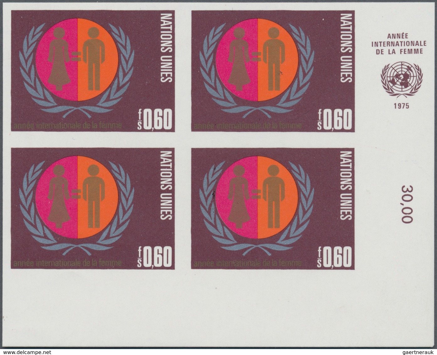 16487 Vereinte Nationen - Genf: 1975. IMPERFORATE Corner Block Of 4 For The 60c Value Of The Set "Intl. Wo - Ungebraucht