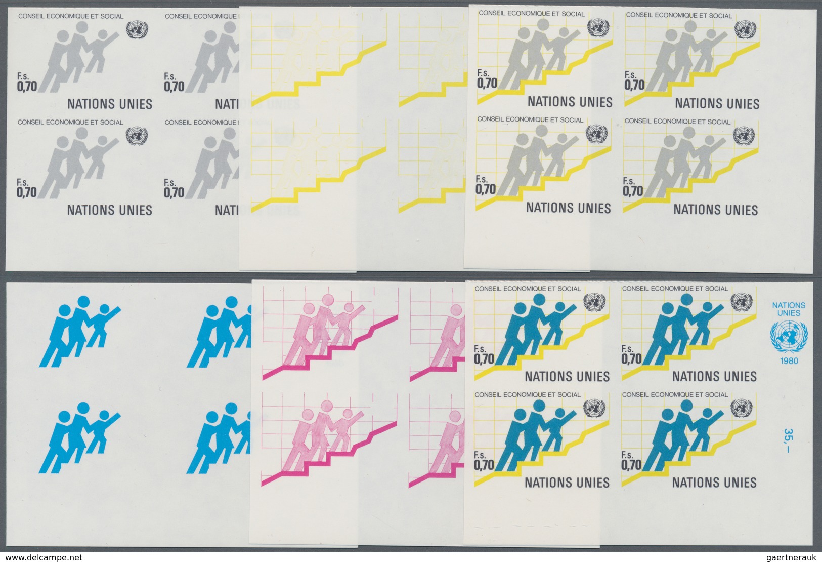 16512 Vereinte Nationen - Genf: 1980. Progressive Proof (6 Phases) In Corner Blocks Of 4 For The 70c Value - Neufs
