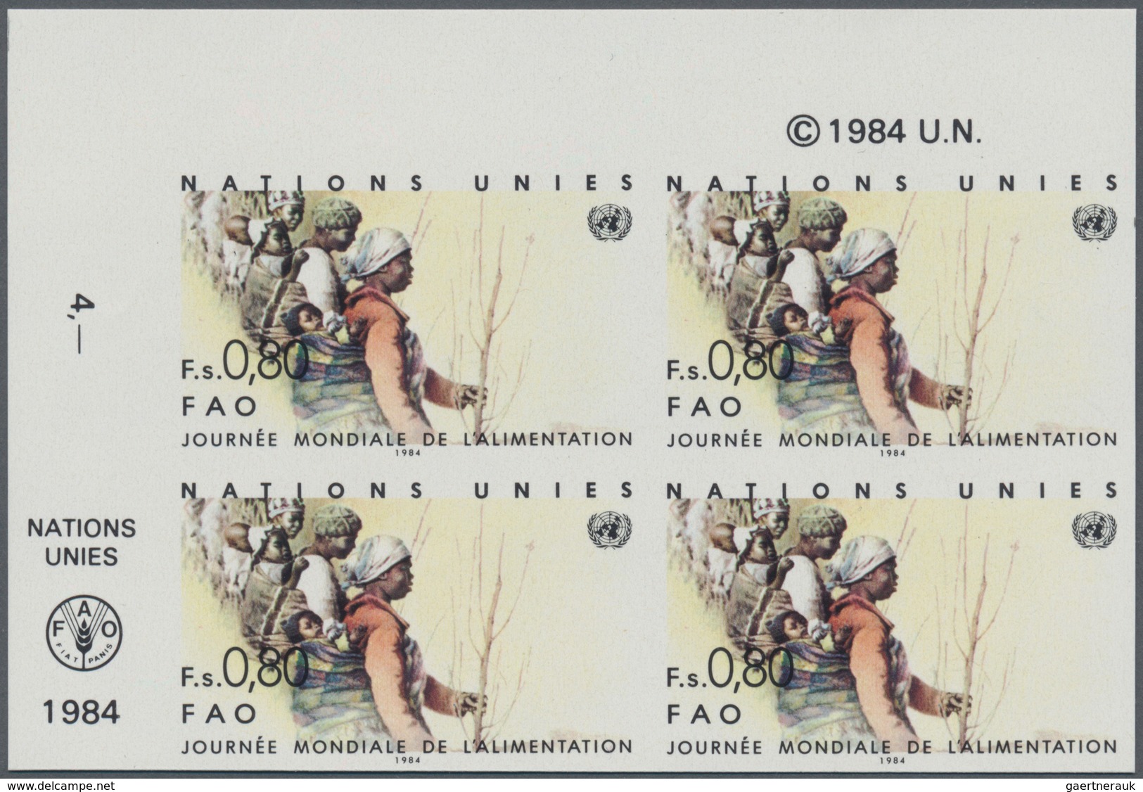 16518 Vereinte Nationen - Genf: 1984. IMPERFORATE Corner Block Of 4 For The 80c Value Of The Set "World Fo - Neufs