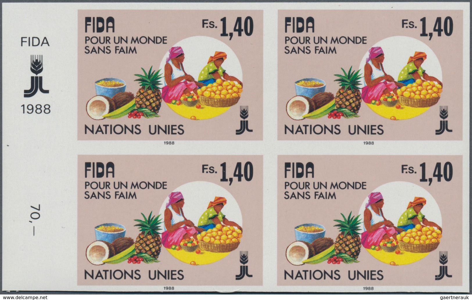 16532 Vereinte Nationen - Genf: 1988. IMPERFORATE Block Of 4 For The 1.40fr Value Of The Set "IFAD - Intl. - Ungebraucht