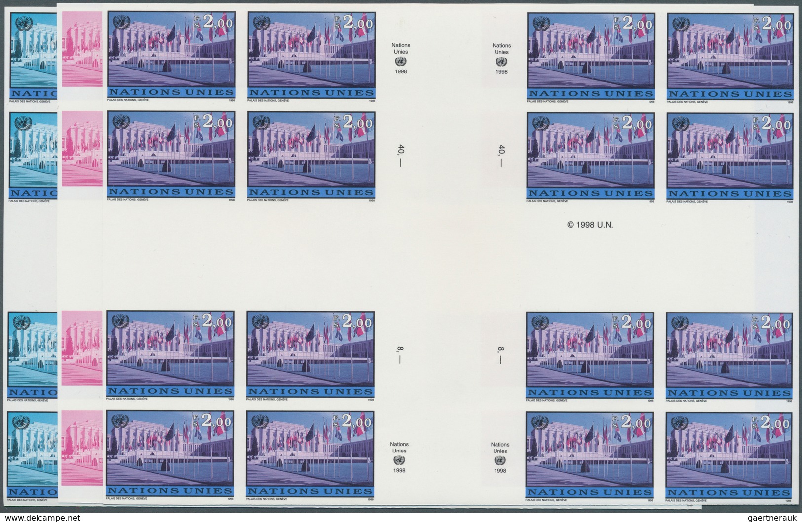 16570 Vereinte Nationen - Genf: 1998. Imperforate Progressive Proof (10 Phases) In Cross Gutter Blocks Of - Neufs