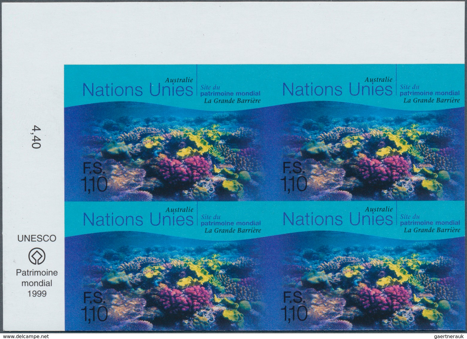 16575 Vereinte Nationen - Genf: 1999. IMPERFORATE Corner Block Of 4 For The 1.10f Value Of The Issue "Worl - Ungebraucht