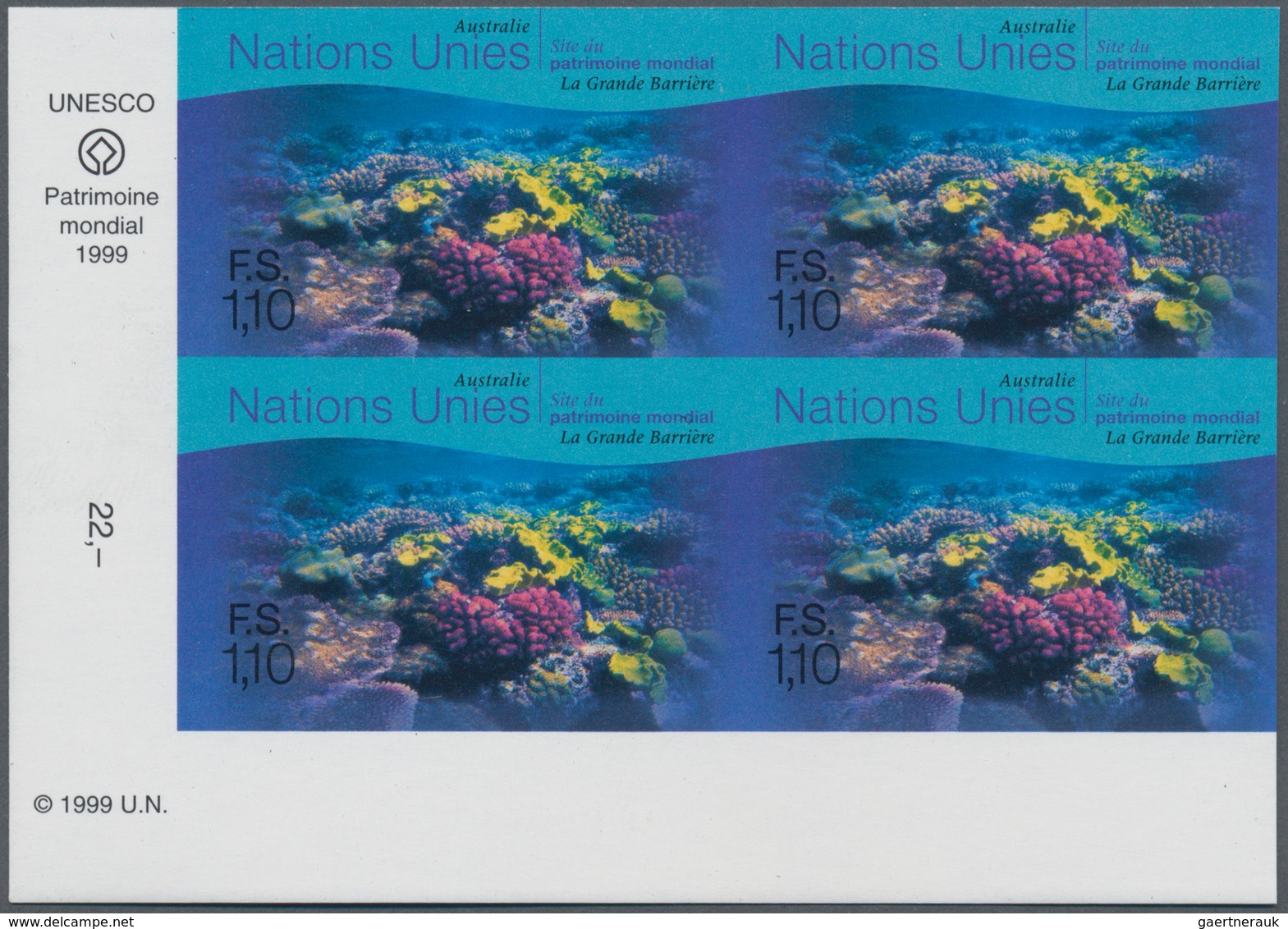 16576 Vereinte Nationen - Genf: 1999. IMPERFORATE Corner Block Of 4 For The 1.10fr Value Of The Set "World - Neufs