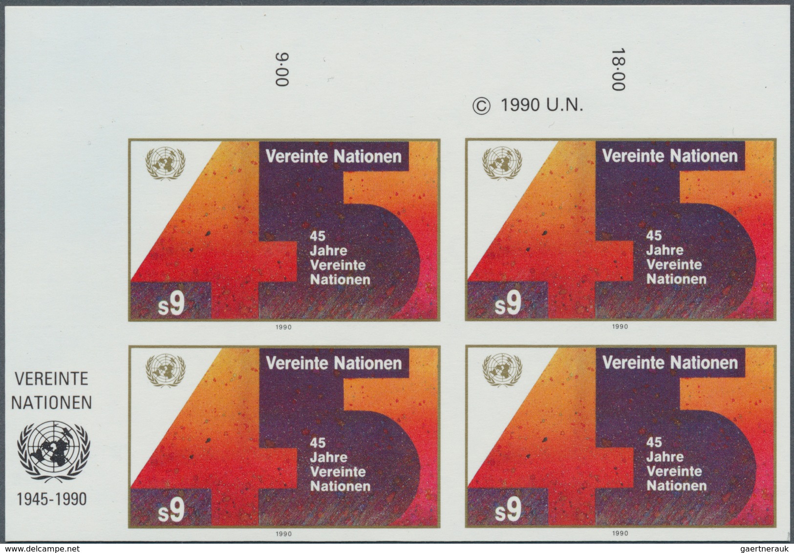 16588 Vereinte Nationen - Wien: 1990. IMPERFORATE Margin Block Of 4 For The 9s Value Of The Issue "United - Ungebraucht