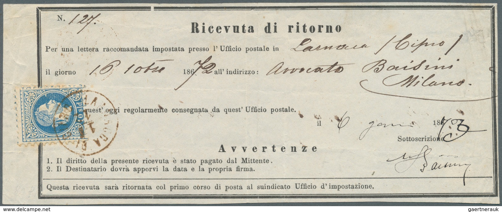 16612 Zypern - Vorläufer: 1872 "LARNACA DI CIPRO 1/12", Very Good Strike On Austrian Levant 1867 10 Soldi - Sonstige & Ohne Zuordnung