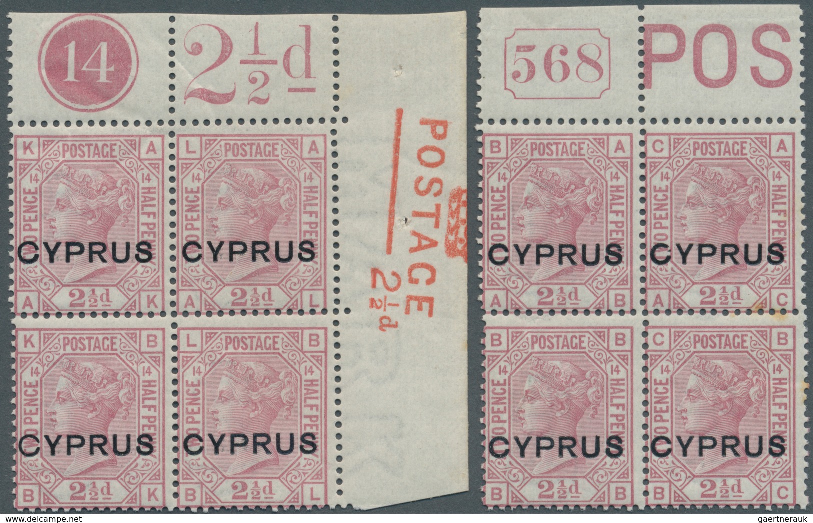 16613 Zypern: 1880, QV 2½d Rosy Mauve Plate 14 In Two Blocks Of Four Incl. One From Top Margin With Plate - Autres & Non Classés