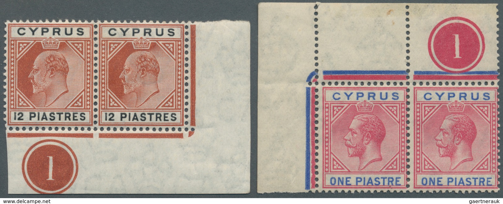 16615 Zypern: 1906/1921, KEVII 12pia. Chestnut/black Horiz. Pair From Lower Right Corner And KGV 1pia. Car - Sonstige & Ohne Zuordnung