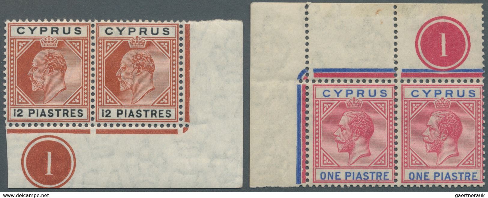 16615 Zypern: 1906/1921, KEVII 12pia. Chestnut/black Horiz. Pair From Lower Right Corner And KGV 1pia. Car - Autres & Non Classés