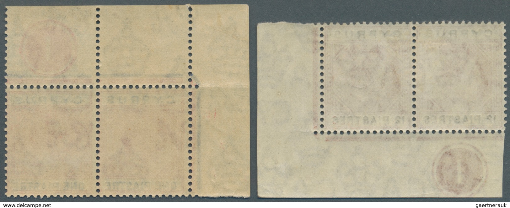 16615 Zypern: 1906/1921, KEVII 12pia. Chestnut/black Horiz. Pair From Lower Right Corner And KGV 1pia. Car - Autres & Non Classés