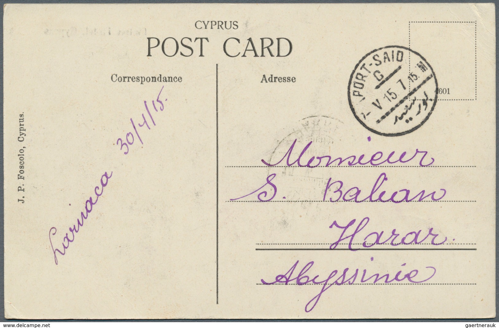 16616 Zypern: 1915. Picture Post Card Of 'Platres Hotel, Cyprus' Addressed To Harrar, Ethiopia Bearing SG - Sonstige & Ohne Zuordnung