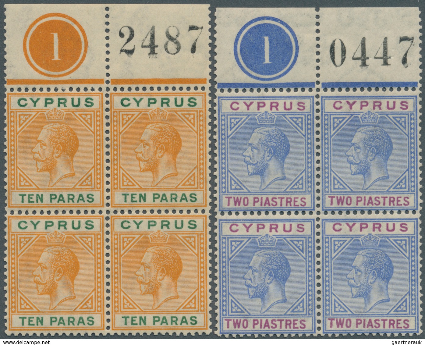 16617 Zypern: 1921, KGV 10pa. Orange/green Block Of Four From Upper Margin With Plate Number (control) '1' - Autres & Non Classés