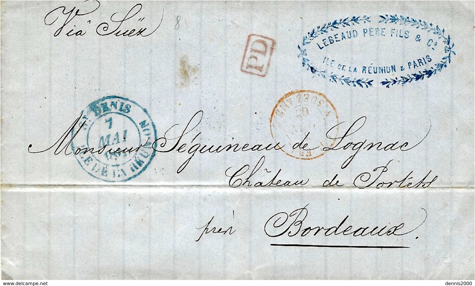 1863- Lettre En Port Destination  De St DENIS " Via Suez "  Pour Bordeaux - Lettres & Documents