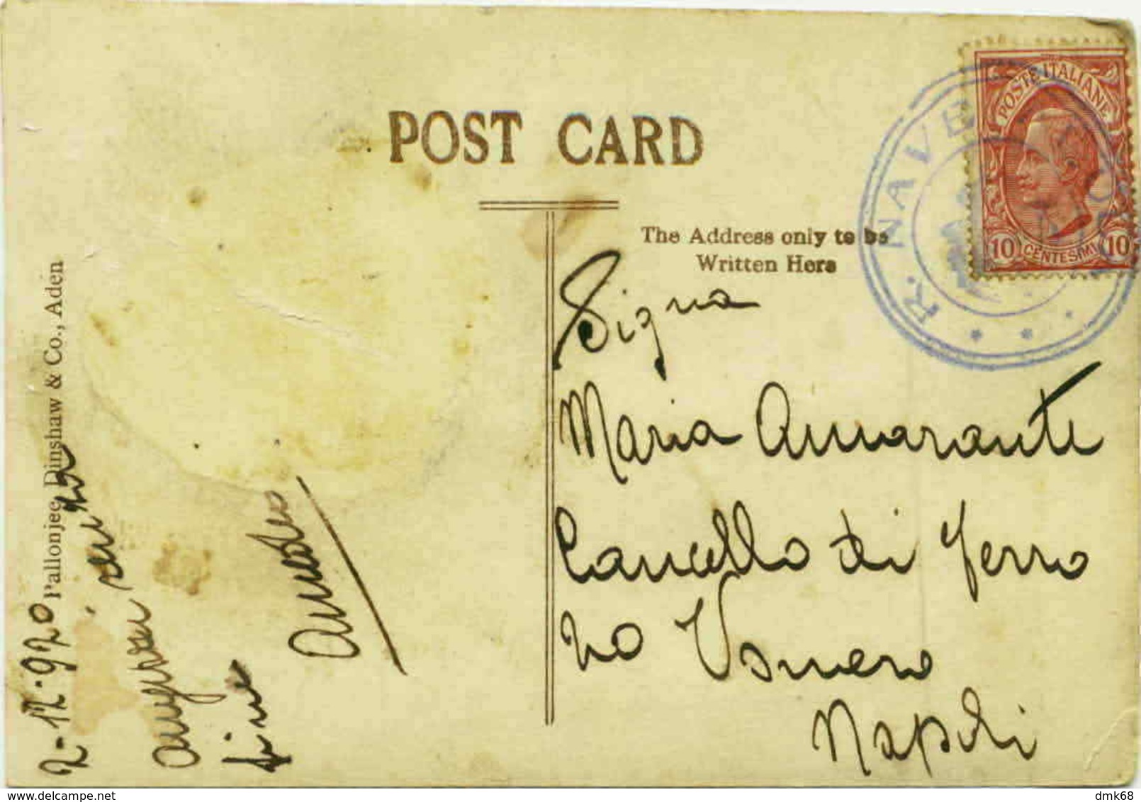 ADEN - PEACE CELEBRATION -  BOAT POSTMARK / ANNULO DI BORDO -  REGIA NAVE ALULA - RARE - 1920s (2982) - Jemen