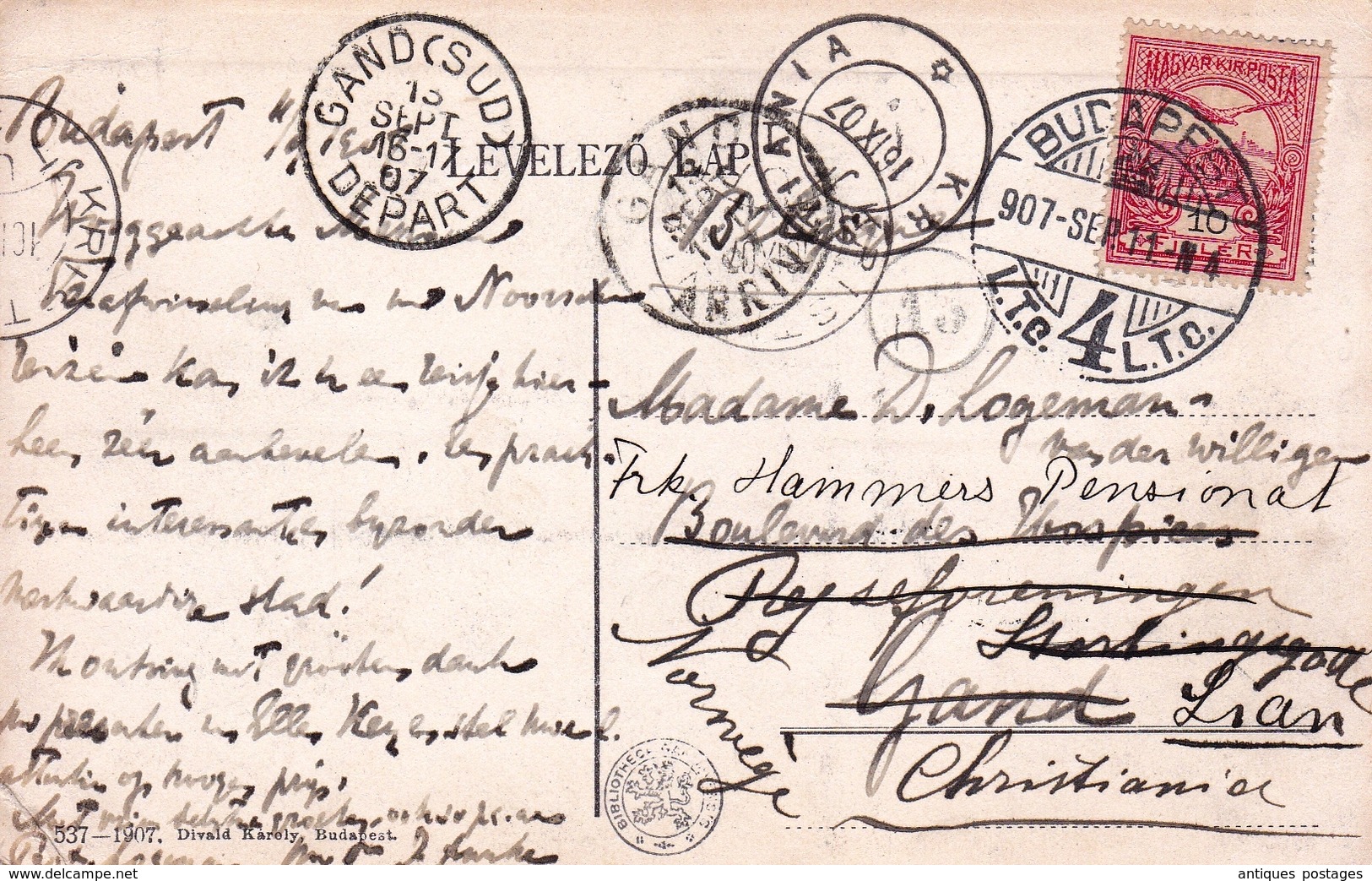 Carte Postale Budapest 1907 Magyarország Hongrie Gand Belgique Kristiania Oslo Norvège Norge - Lettres & Documents