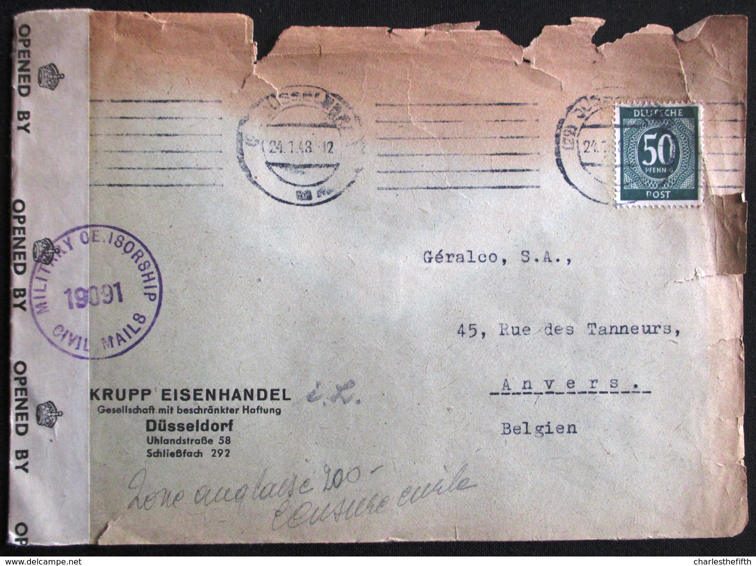 1948 OCCUPATION ALLEMAGNE - BRITISH CENSOR - CIVIL MAIL ( RARE )  - COVER FROM DUSSELDORF To ANTWERP - OCCUPATION STAMP - Other & Unclassified