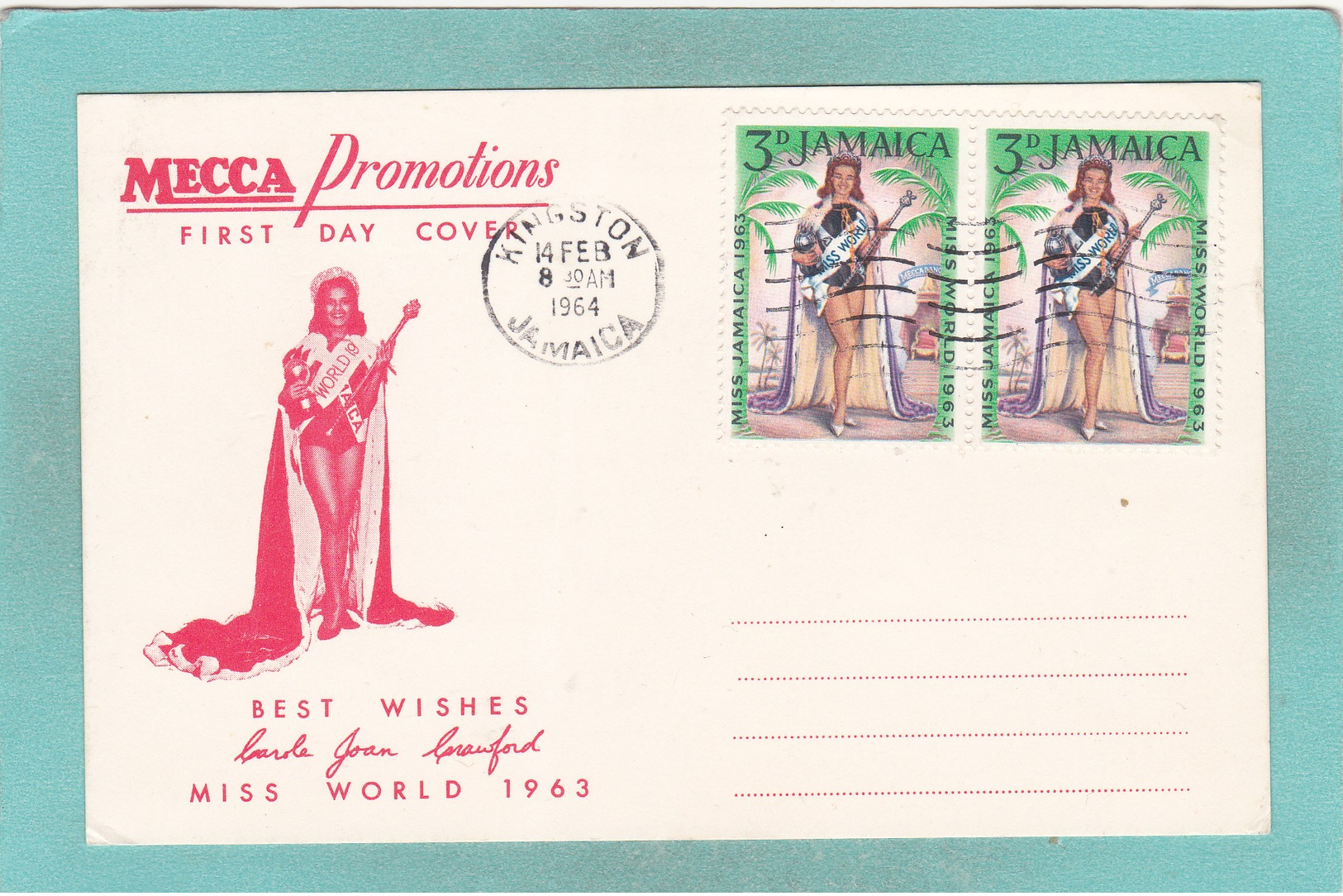 Old Small Postcard Of Mecca Promotions First Day Cover,Miss World 1963,Jamaica,R53. - Jamaica (1962-...)