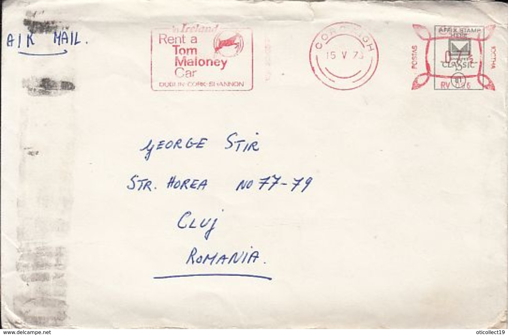 AMOUNT 7.5, CORCAIGH, RENT A CAR, RED MACHINE STAMPS ON COVER, 1973, IRELAND - Covers & Documents